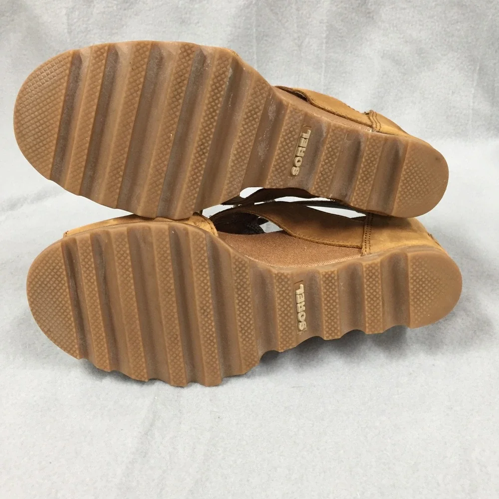 Sorel Joanie Lace Tan Leather Wedge Sandals Peep Toe Lace Up Womens 9 NL2514-224
